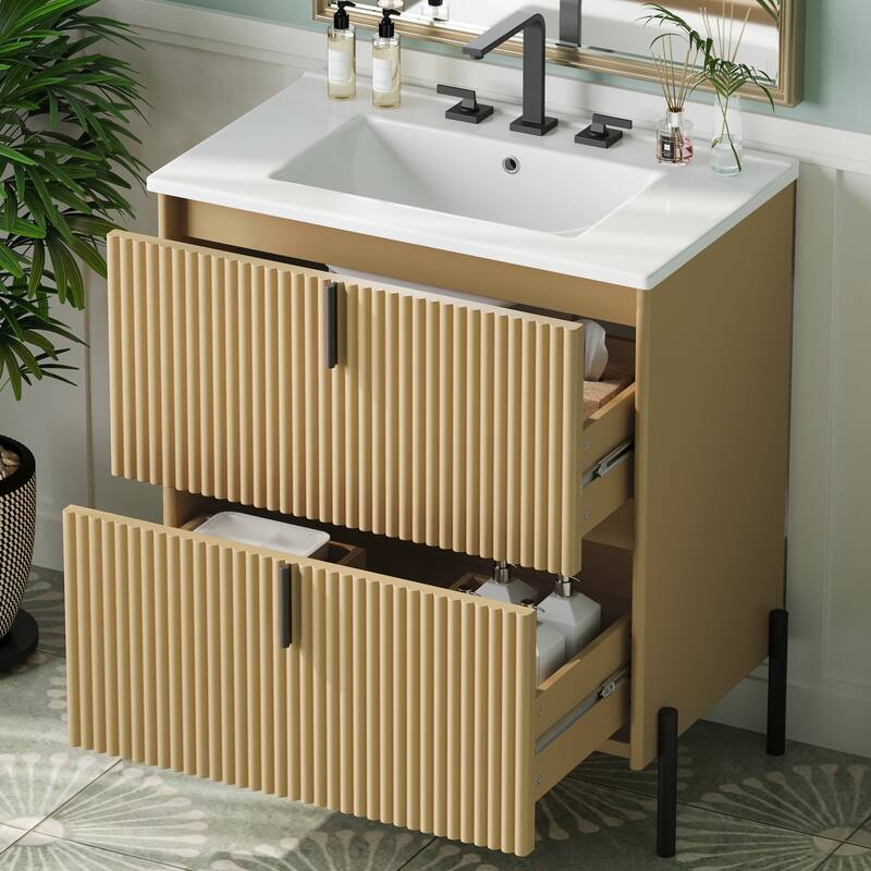 Bathroom Vanity with Ceramic Sink, Freestanding Bathroom Storage Cabinet, Fluted Bathroom Vanity with 2 Full-Extension Drawers