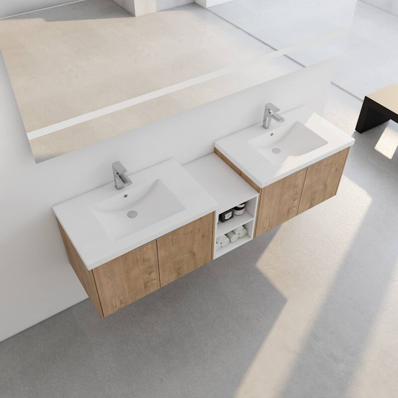 Wall Mounted Bathroom Vanity with Double Doors, Resin Sink, Eco-Friendly Plywood, Soft Closing Hinges - 71.1in L Plywood