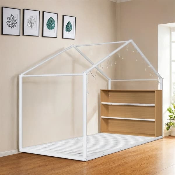 slide 2 of 17, Twin Size Metal Bed House Bed Frame with Shelves and Lights