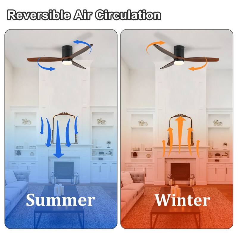 52 Inch Ceiling Fan with Light, 3 Dark Walnut Solid Wood Blades,Remote Control,6-speed Reversible DC Motor - Black + Dark Walnut