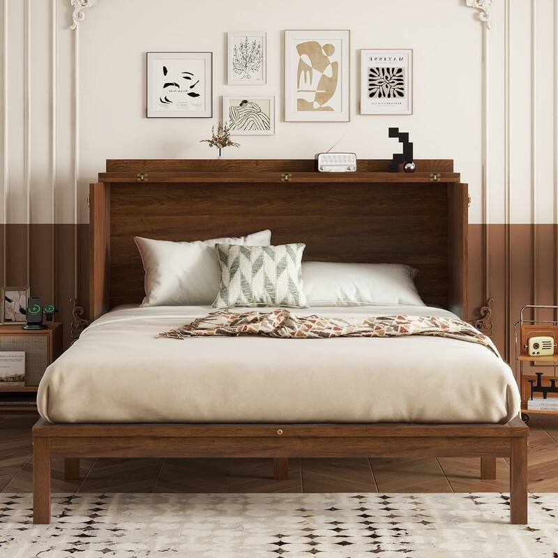 Murphy Bed Cabinet with Large Storage Drawer, Wood Hideaway Wall Bed Frame with USB Ports, Rattan Decoration Panel