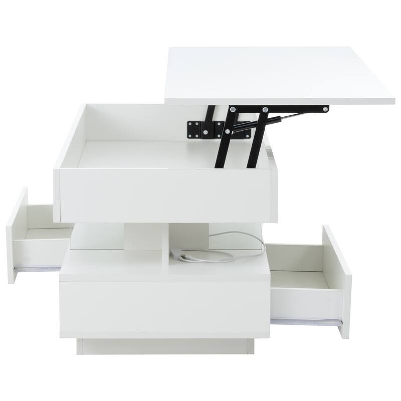 Modern Multifunction Center Table Lift Top Coffee Table with Hidden Compartment, Ajustable LED Lights and 2 Storage Drawers