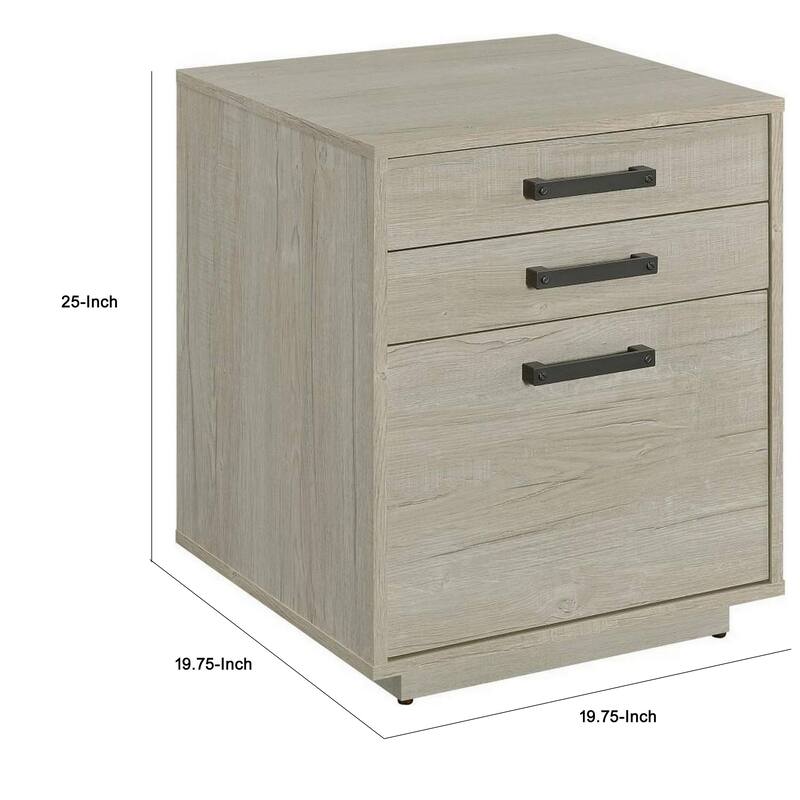 25 Inch Slim File Cabinet, 3 Gliding Drawers, Whitewashed Gray Wood Frame
