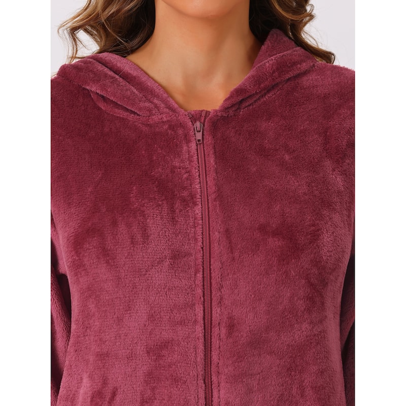 Womens Flannel Robe Fluffy Plush Long Zip Front Bathrobe with Pockets Warm Soft Zippered Bathrobes