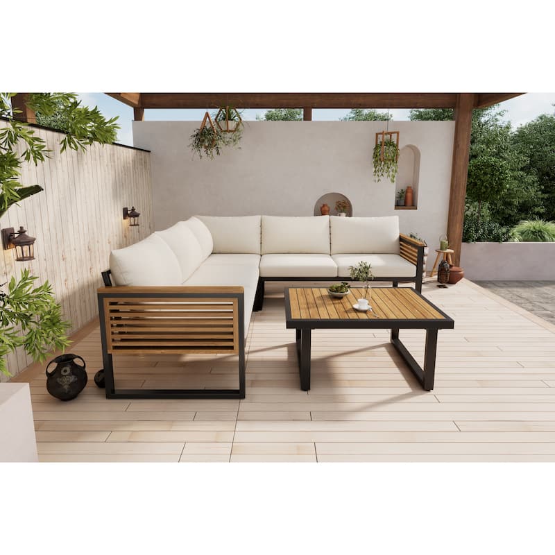 Christopher Knight Home - Adrian Outdoor 4-Piece Acacia Wood and Metal Patio Sectional Sofa Corner Set