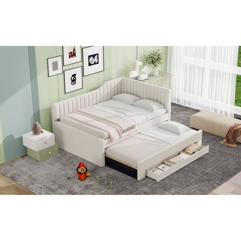 Upholstered Linen Bed Frame, Full Size Daybed with Pull-out Trundle and Storage Three Drawers for Bedroom/Apartment