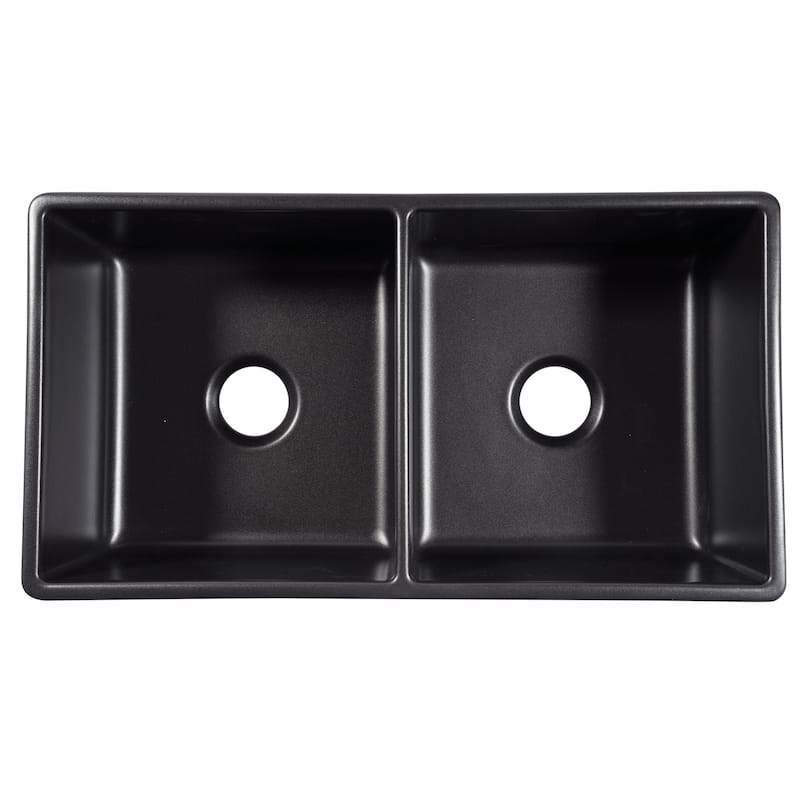 Austen Matte Black Fireclay 33" Double Bowl Farmhouse Apron Front Undermount Kitchen Sink and Drains