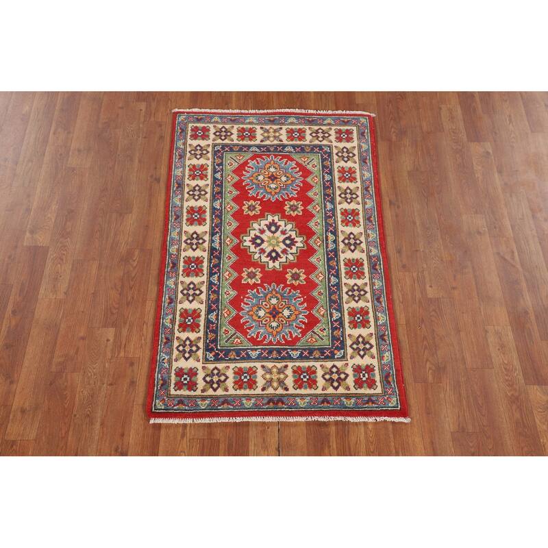 Kazak Foyer Rug Hand-Knotted Red Geometric Wool Carpet - 2'6" x 4'1"