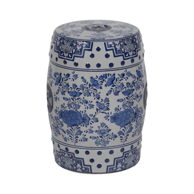 Sagebrook Home 18"Hx13" Diameter, Ceramic Chinoiserie Stool, Blue/White, Handcrafted Garden Stool