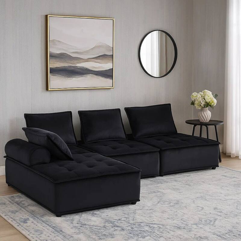 Alaya 4pc Modular Sectional Sofa, Tufted Seats, Black Velvet Upholstery