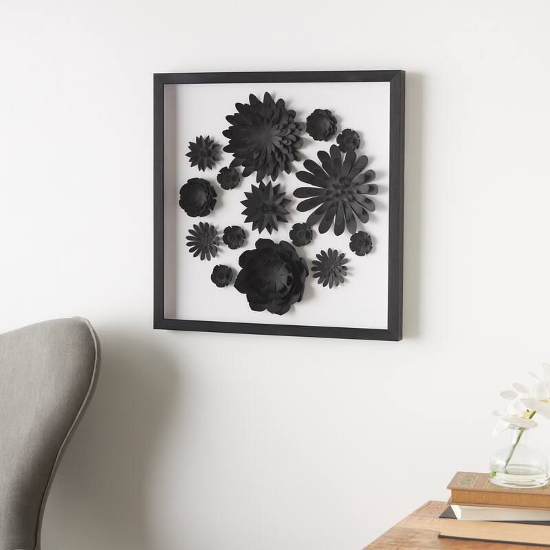 Black Paper Cluster Floral Shadow Box with Varying Shapes and Sizes - Black