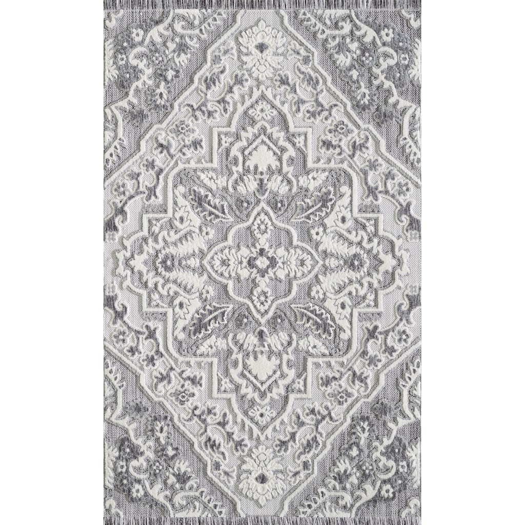 Milos Collection Grey and White Medallion Space-dyed Polyester Rug