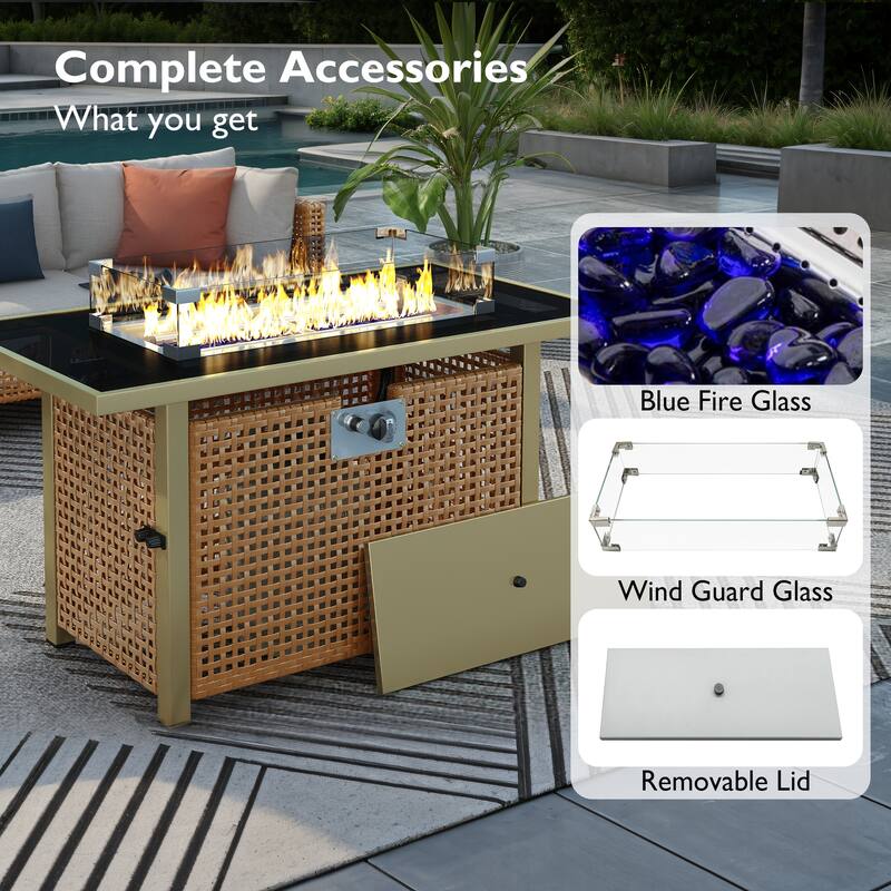 43" 60000 BTU Propane Wicker Gas Fire Pit Table w/ Glass Wind Guard