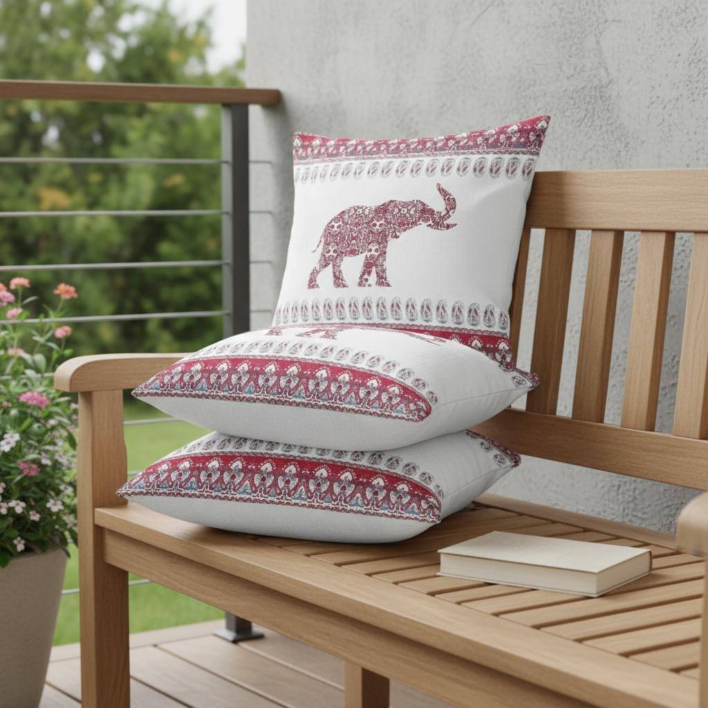 HomeRoots Set of Two 16" X 16" Red and White Elephant Blown Seam Paisley Indoor Outdoor Throw Pillow - 16.00' X '16.00' X '5.00