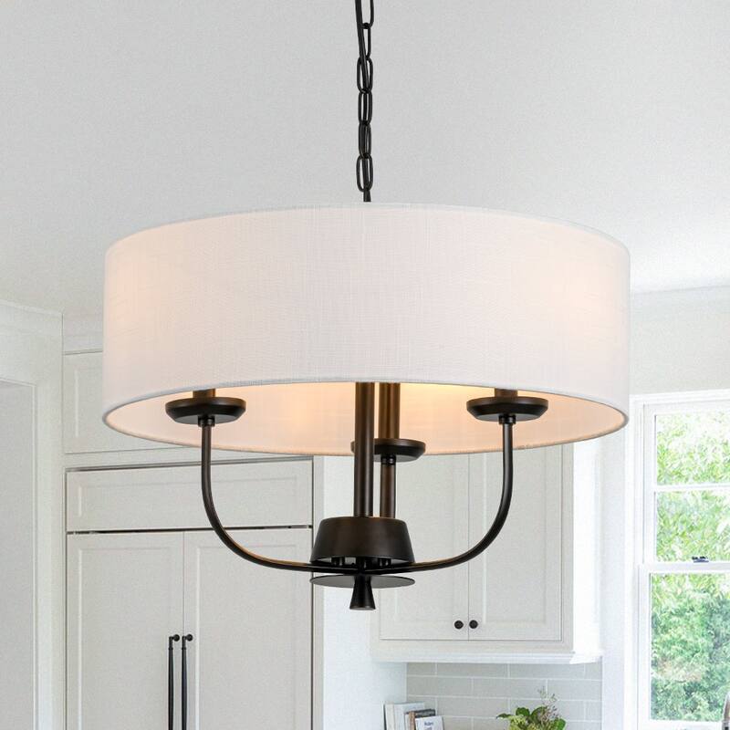 Rustic 3-Light Swoop Arm Drum Pendant with Fabric Shade - N/A
