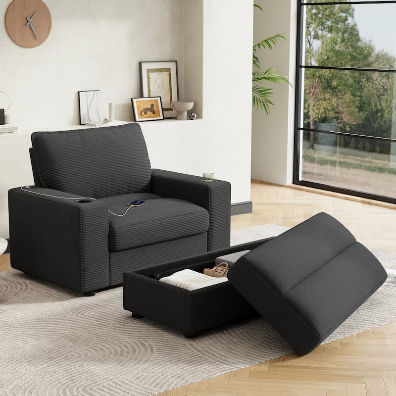 42.8" Oversized Chaise Lounge Chair with Storage Ottoman, Corduroy Sofa Bed with Cup Holders & USB Charging Port - Grey