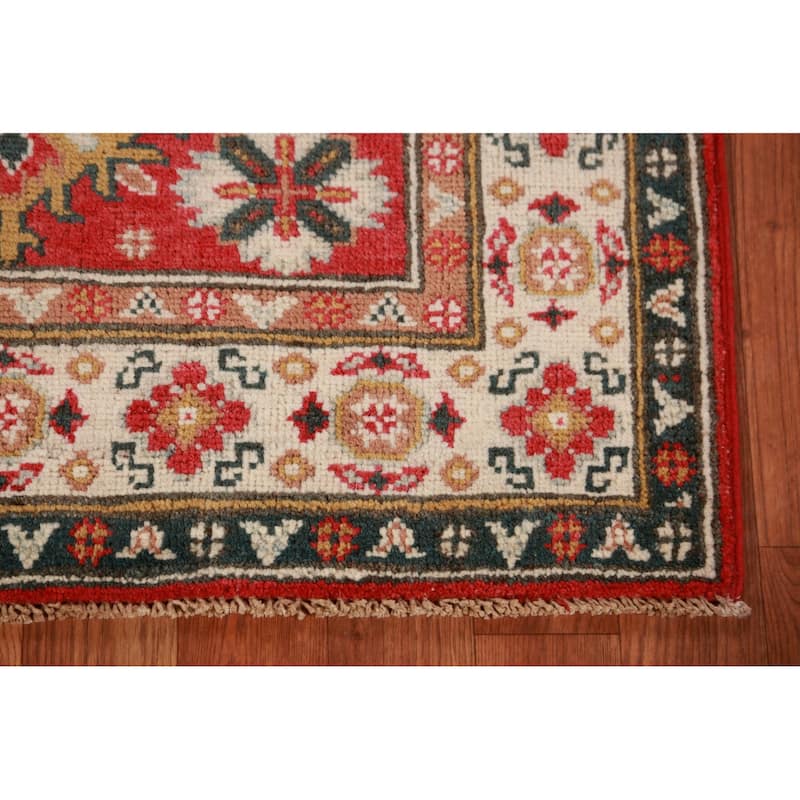 Red Geometric Kazak Foyer Rug Handmade Traditional Wool Carpet - 2'8"x 4'1"