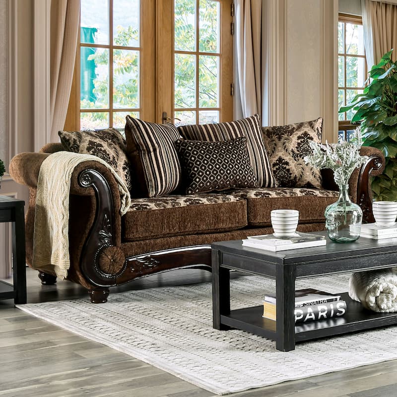 Pora Traditional Brown Chenille Upholstered Rolled Arms Sofa by Furniture of America - Brown