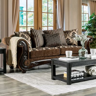 Pora Traditional Brown Chenille Upholstered Rolled Arms Sofa by Furniture of America