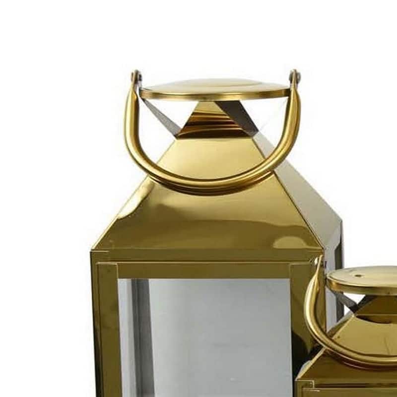 Davi Set of 3 Decorative Lanterns, Curved Handles, Glass Panel, Brass Metal
