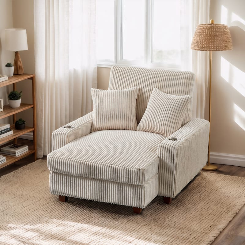 44in Wide Upholstered Chaise Lounge Chair with Adjustable Backrest - Beige