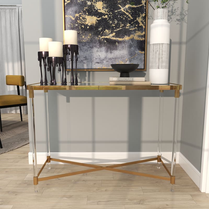 Gold Metal Console Table with Mirrored Top and Acrylic Legs