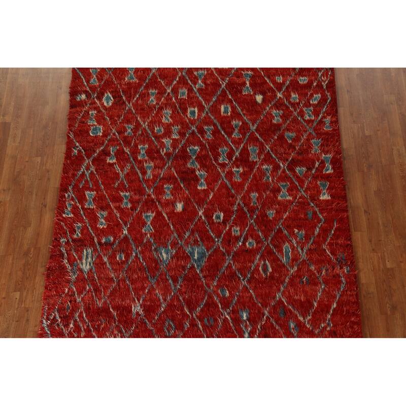 Hand Knotted Oriental 100% Wool Carpet Modern Tribal Red Moroccan Area Rug - 9' 9'' X 6' 5''