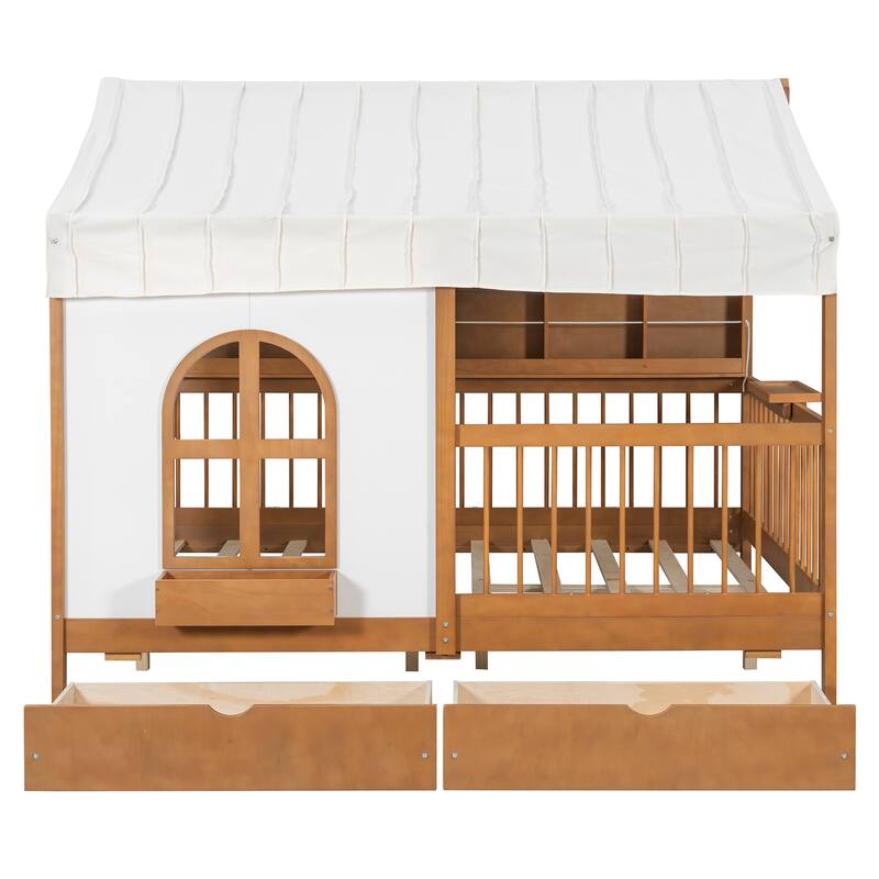 Full Size House Bed with 2 Large Drawers, Side Bookshelf with LED Strip