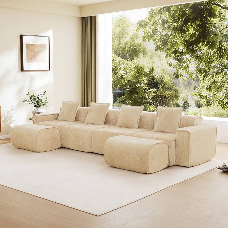 GDFStudio - Velvet Streamlined Modular 4-Seater 138.58" U-Shaped Sectional Sofa with 2 Ottomans