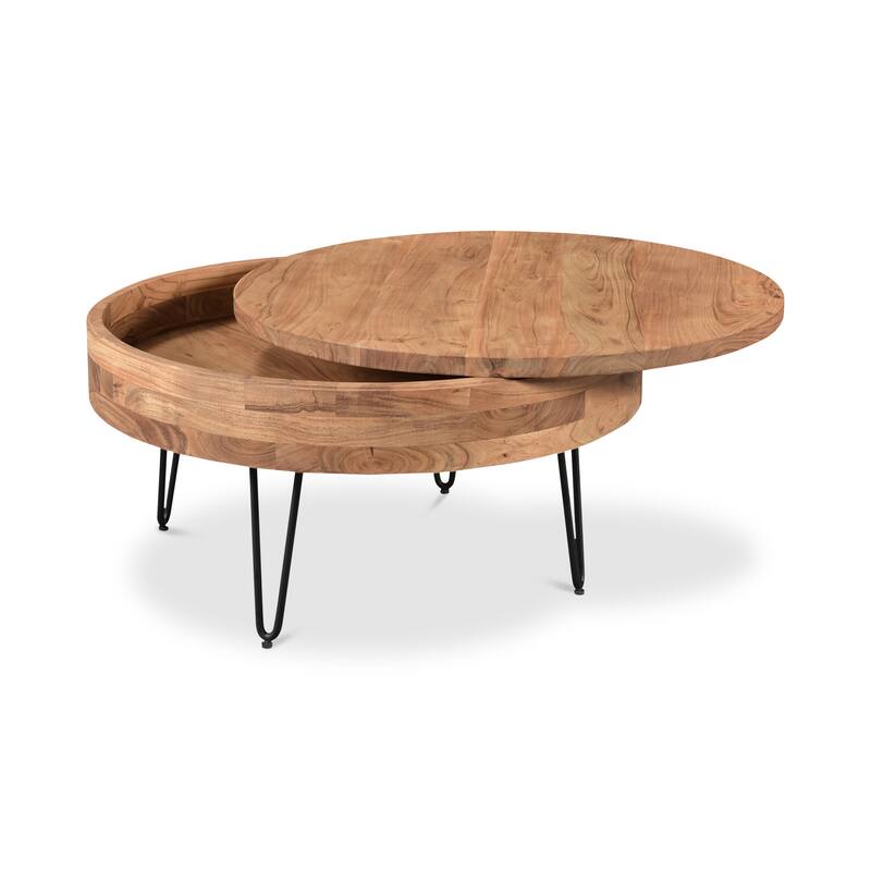 NADAAL STUDIOS Tarian Coffee Table, Round Solid Acacia Wood with Iron Hairpin Legs and Hidden Storage, Natural Finish