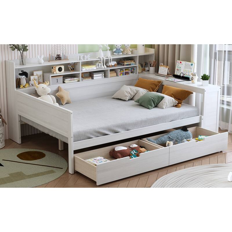 Antique White Full Size Wooden Daybed with Storage Shelves, Drawers & Study Desk