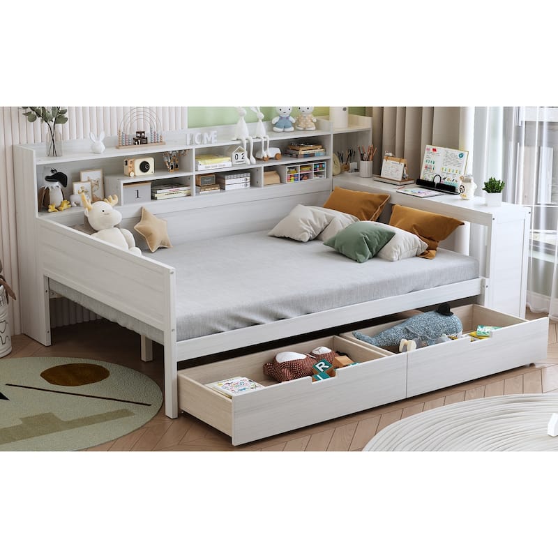 Full Size Antique Wood Daybed with Study Desk & Storage (550lb Capacity)