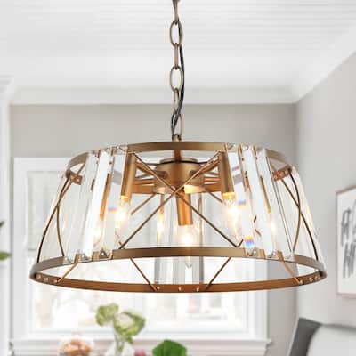 Farmhouse Modern 5-Light Metal Frame Crystal Drum Chandelier for Dining Room - 18-in W
