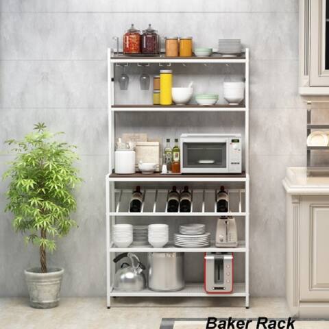 Industrial Modern 6-Tier Baker Rack, Freestanding Bar Wine Rack Table with Glass& Cup Holders, Metal Book Shelf and Office Rack