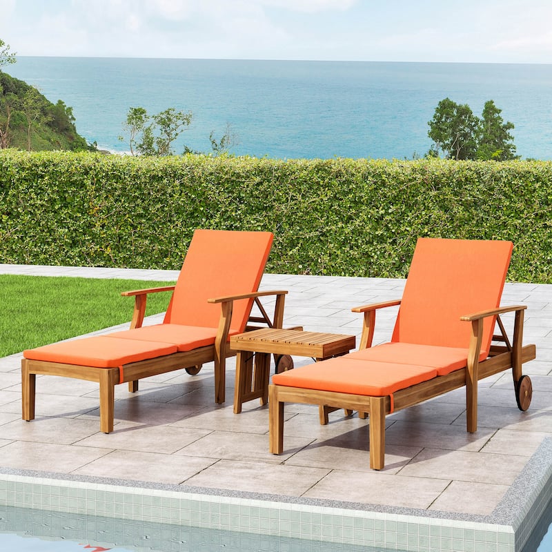 Perla Outdoor Acacia Wood 3 Piece Chaise Lounge Set with Water-Resistant Cushions by Christopher Knight Home