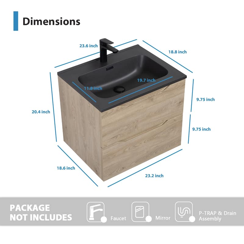 RupheonD 24"-48" Floating Bath Vanity in Evita Oak with Black Quartz Top