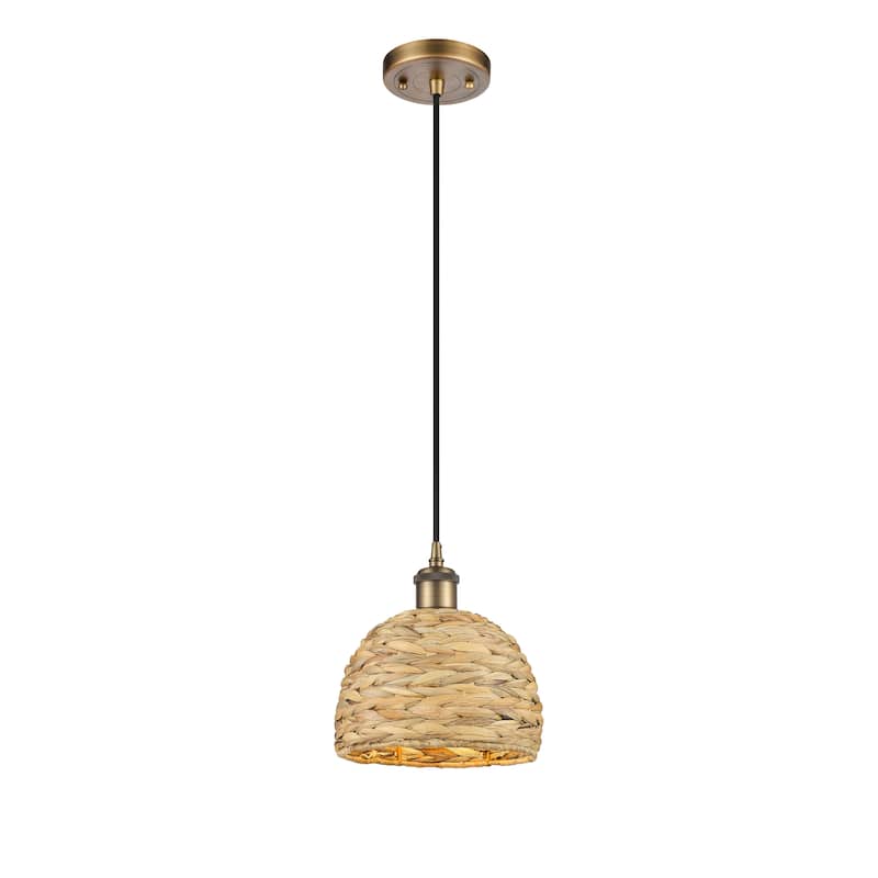 Innovations Lighting Woven Rattan - 1 Light 8" Cord Hung Pendant - Brushed Brass/Natural Rattan