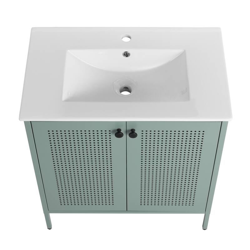 Freestanding Bathroom Vanity with Ceramic Sink, Adjustable Shelves, Cold Rolled Steel Cabinet, Double Door Design, Modern Style