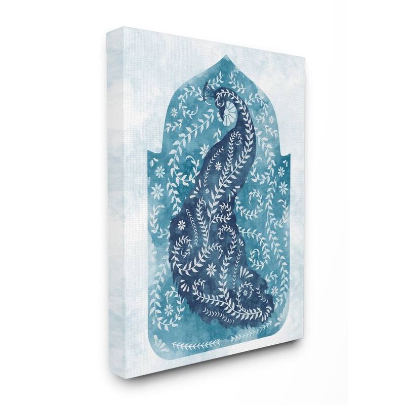 Stupell Arabesque Peacock Jungle Vines Bird White Blue Watercolor Canvas Wall Art
