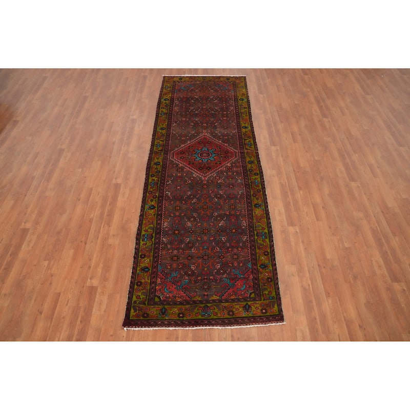 Hand Knotted Oriental 100% Wool Carpet Traditional Geometric Brown Hamedan Runner Rug - 10' 7'' X 3' 7''