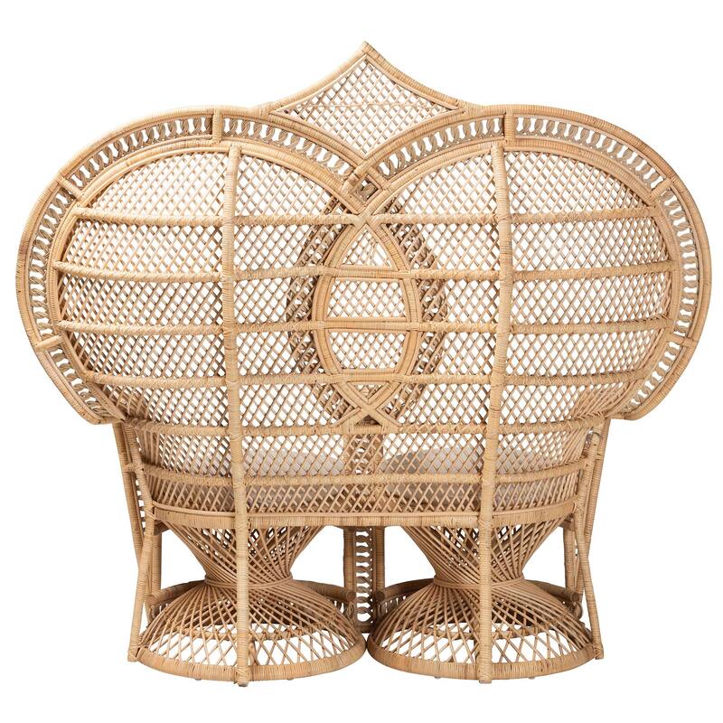 Nerita Modern Bohemian Natural Brown Rattan Two-Seater Peacock Chair
