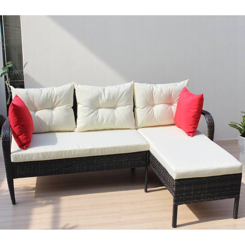 2-Piece Outdoor PE Wicker Sectional Sofa Set with Two-Seater & Lounger, Beige Cushions,Rattan Patio Furniture set - Rattan