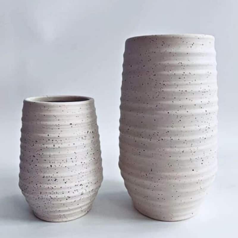 Set of Two Tall Grooved Speckled Flower Pots in Off White