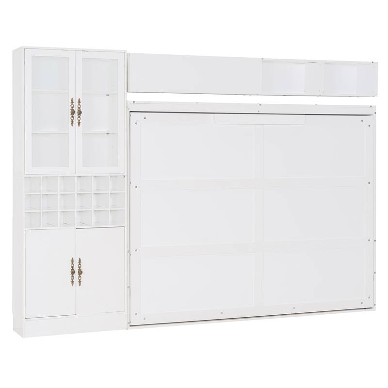 Queen Size Wall Bed with Sofa, Shelves, USB & Light, Space-Saving Design, Easy Storage, White