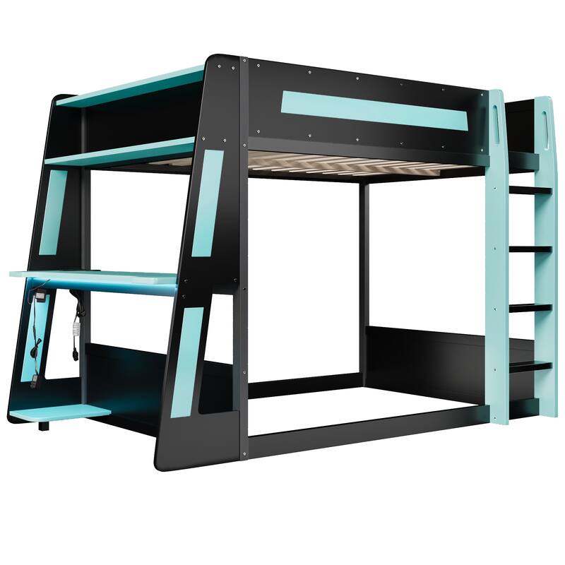 Gaming Bunk Bed with Computer Desk, Storage Shelves, USB Port and LED Strip Lighting, Esports Design, Wooden Gaming Bed