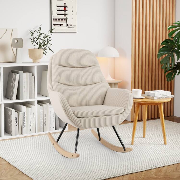 Beige Corduroy Rubber Wood Metal Glider Rocking Chair with Ergonomic Comfort - 39" x 28.5" x 38"