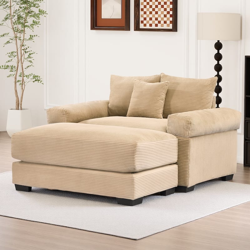 Oversized Chaise Lounge Corduroy Chair Indoor Single Sofa with Ottoman for Living Room Bedroom - Chair + Ottoman - Camel