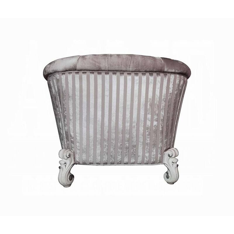 Kai Accent Chair, 2 Pillows, Tufted Ivory Fabric, Scrolled, White Wood