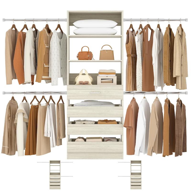 Rackcog 74''-115'' Closet System with 4 Wooden Drawers and 4 Hanging Rods, Sturdy Closet Organizer for Walk-in/Reach-in Closet