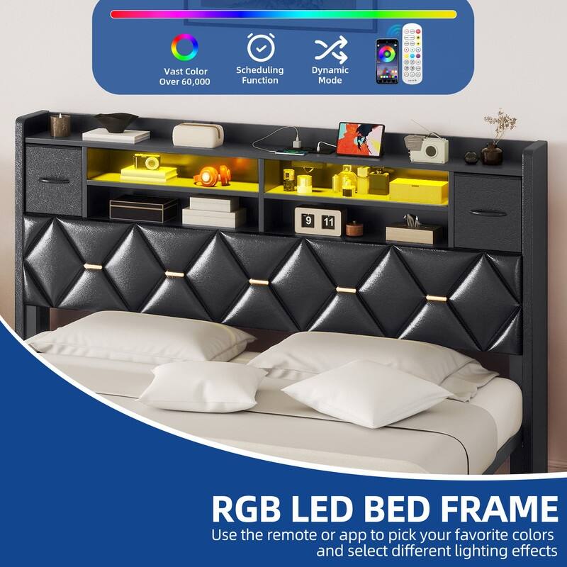 Moasis Upholstered Bed Frame with Storage Headboard And Charging Station and LED Light